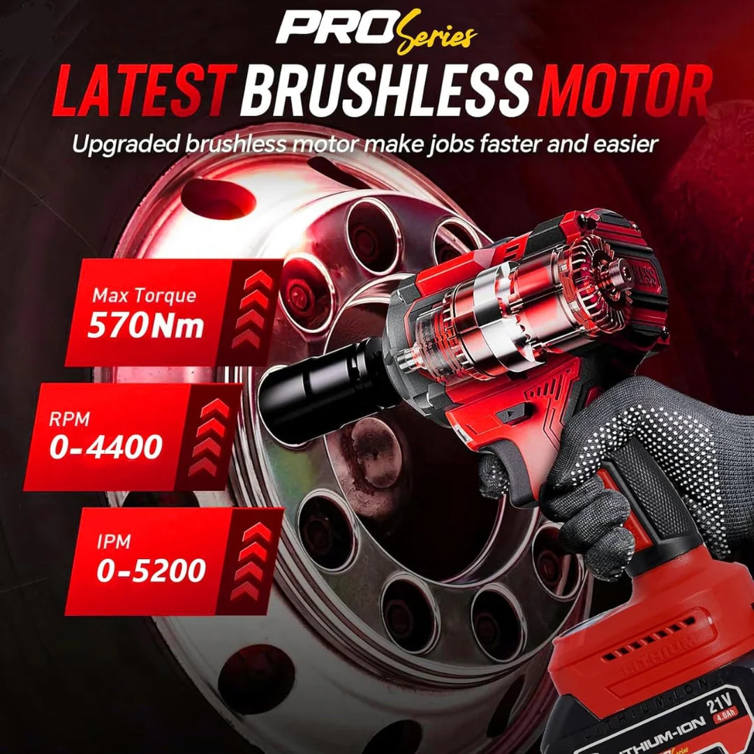 JPT Combo Pro Series Brushless 21-volt Cordless Impact Wrench | 570N.m Torque | 4400 RPM Speed | 2 Speed Modes | 1/2-Inch Hex Shank | Bright LED Light | 4000mAh Battery | Fast Charger | 10 Impact Sockets Inlcuded - Image 4