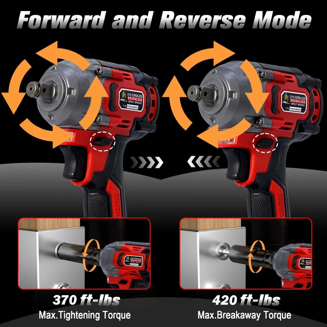 JPT Combo Pro Series Brushless 21-volt Cordless Impact Wrench | 570N.m Torque | 4400 RPM Speed | 2 Speed Modes | 1/2-Inch Hex Shank | Bright LED Light | 4000mAh Battery | Fast Charger | 10 Impact Sockets Inlcuded - Image 5