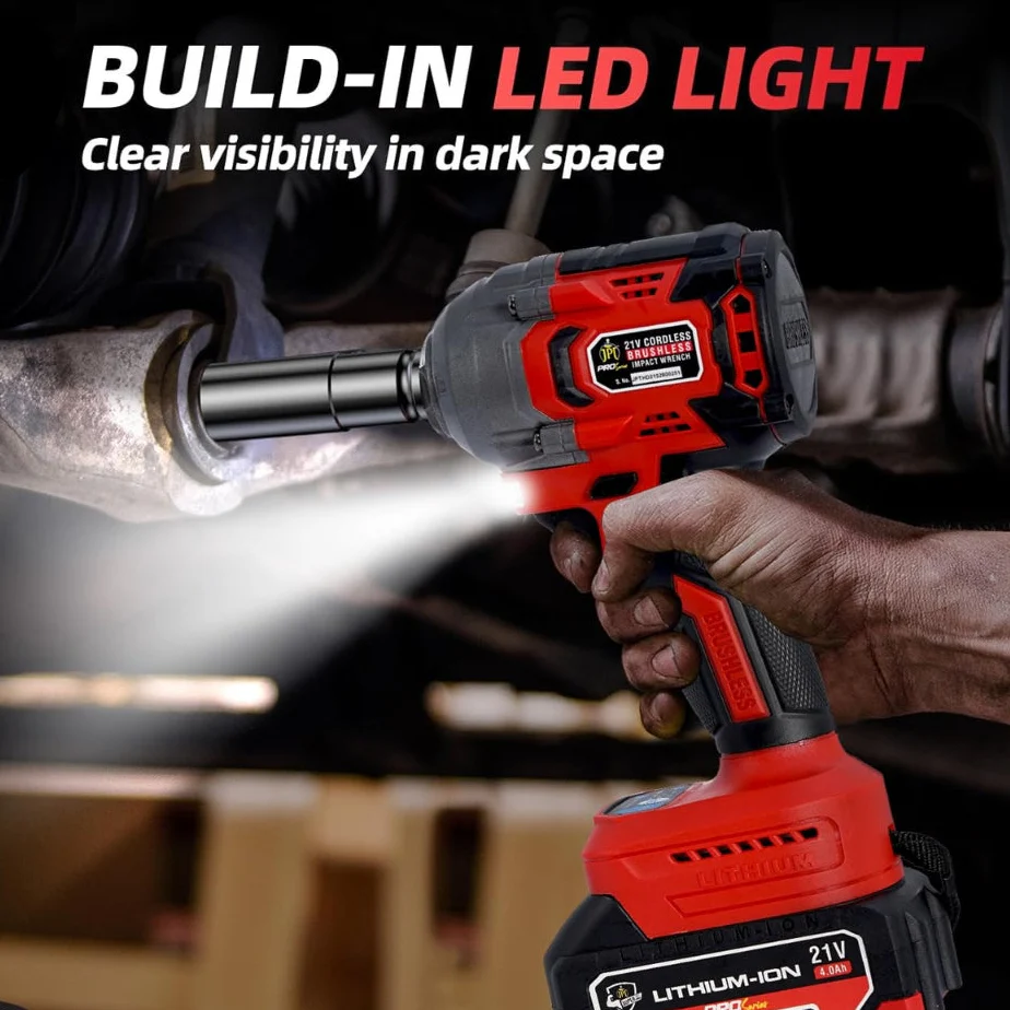 JPT Combo Pro Series Brushless 21-volt Cordless Impact Wrench | 570N.m Torque | 4400 RPM Speed | 2 Speed Modes | 1/2-Inch Hex Shank | Bright LED Light | 4000mAh Battery | Fast Charger | 10 Impact Sockets Inlcuded - Image 6
