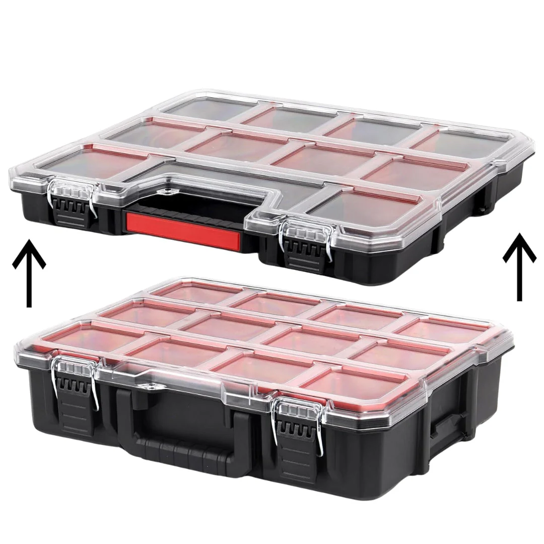 JPT Combo Deep and Shallow Tool Organizer Set with 10 & 8 Removable Bins, Adjustable Dividers, Heavy-Duty Storage Boxes with Transparent Lids for Tools, Hardware, Screws, and Small Parts - Image 3