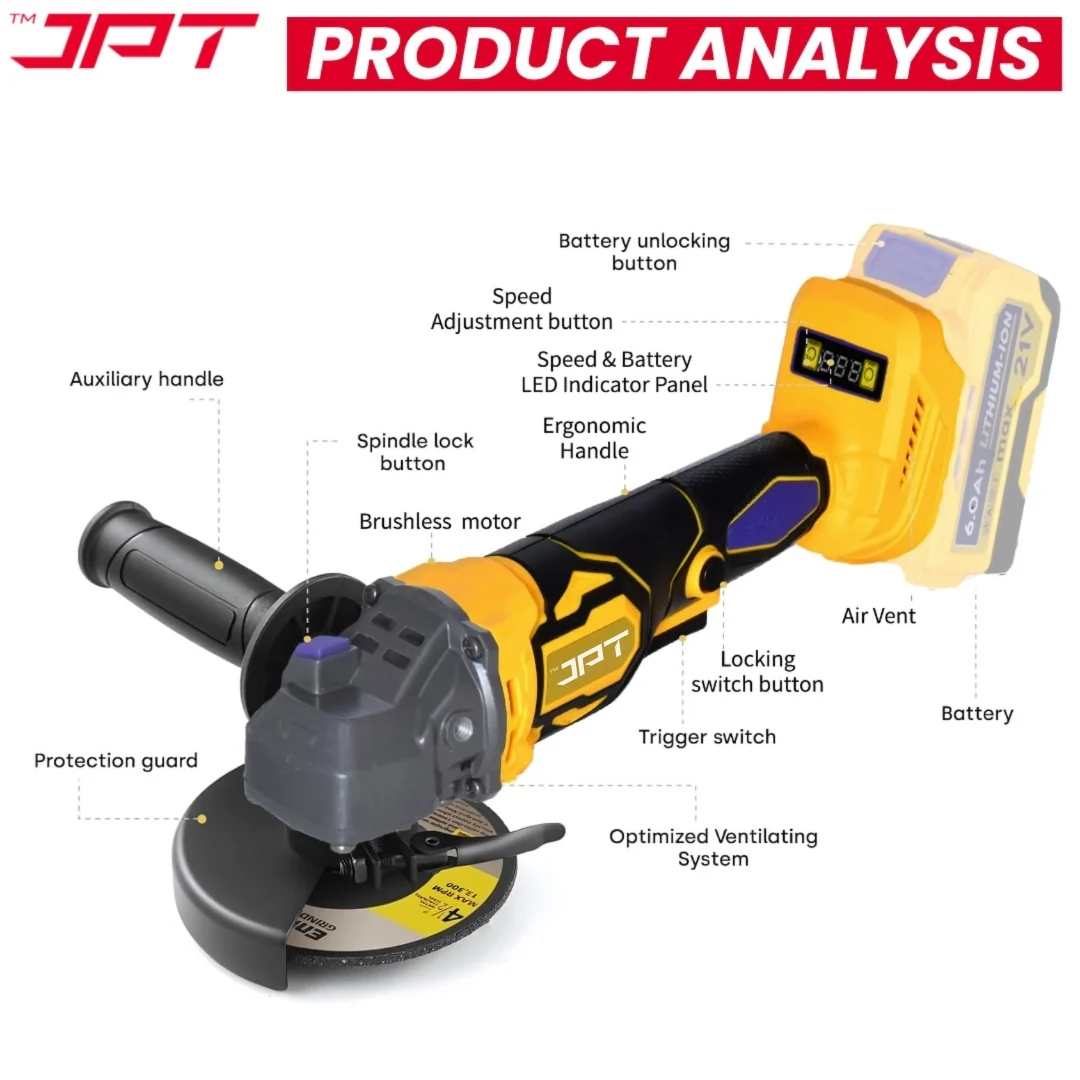 JPT 21V Heavy-Duty Cordless Angle Grinder Machine | Brushless Motor | 3-Speed Modes (5000โ9000 RPM | 100mm Disc | Spindle & Speed Lock | ๐๐ข๐ญ๐ก๐จ๐ฎ๐ญ ๐๐๐ญ๐ญ๐๐ซ๐ฒ & ๐๐ก๐๐ซ๐ ๐๐ซ - Image 6