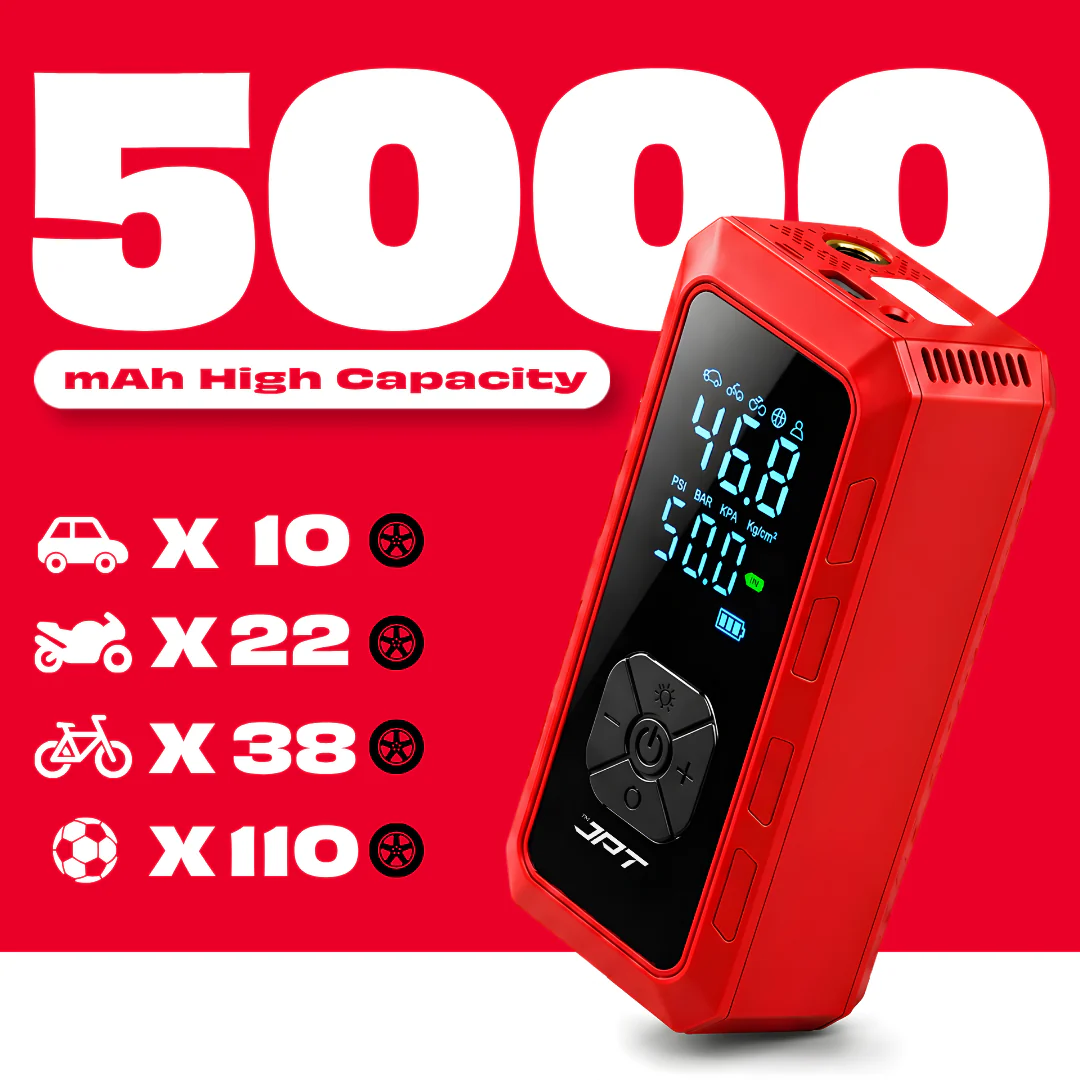 JPT Cordless Tyre Inflator | 5000mAh Air Compressor with Power Bank & Type-C Charging | Preset Modes, Auto Stop, Multi-Unit Display | Portable Pump for Car, Bike, Cycle & Ball | Red - Image 2