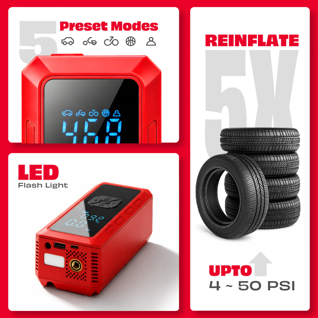 JPT Cordless Tyre Inflator | 5000mAh Air Compressor with Power Bank & Type-C Charging | Preset Modes, Auto Stop, Multi-Unit Display | Portable Pump for Car, Bike, Cycle & Ball | Red - Image 3