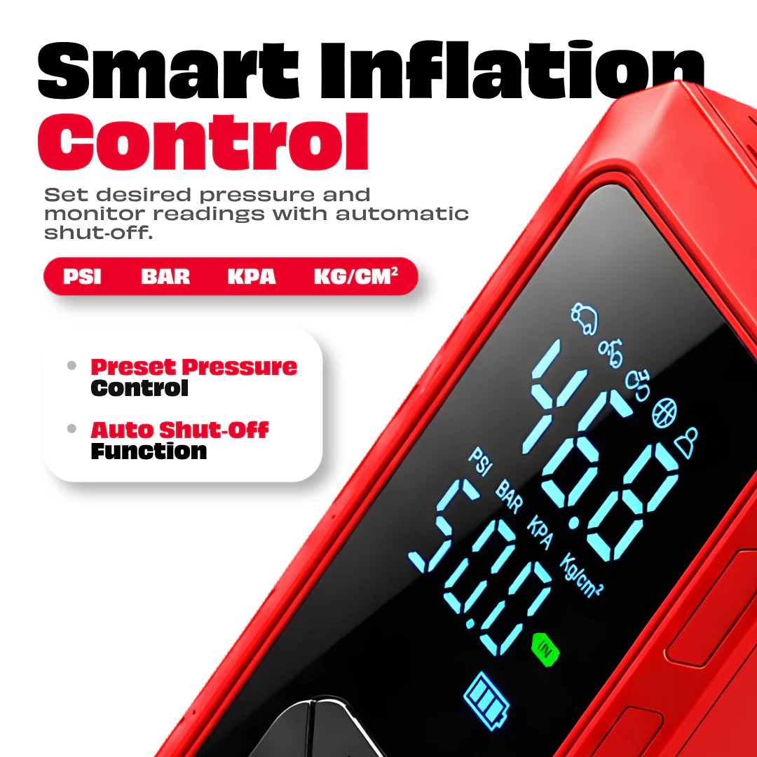 JPT Cordless Tyre Inflator | 5000mAh Air Compressor with Power Bank & Type-C Charging | Preset Modes, Auto Stop, Multi-Unit Display | Portable Pump for Car, Bike, Cycle & Ball | Red - Image 4