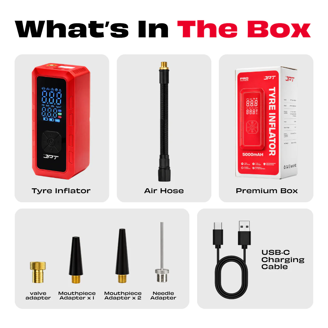 JPT Cordless Tyre Inflator | 5000mAh Air Compressor with Power Bank & Type-C Charging | Preset Modes, Auto Stop, Multi-Unit Display | Portable Pump for Car, Bike, Cycle & Ball | Red - Image 7