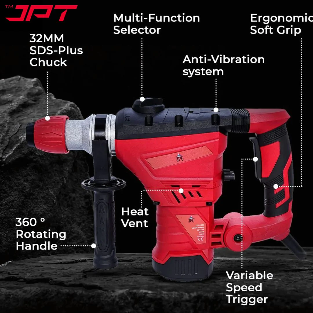 JPT Heavy Duty SDS Plus 32MM Core Rotary Hammer & Breaker Machine | 1500-Watt Motor | 4000 RPM Speed | 3800 BPM Force | 4.5 Joules Impact | 32mm Deep Drilling | 3 Function Modes | All Accessories Included - Image 4