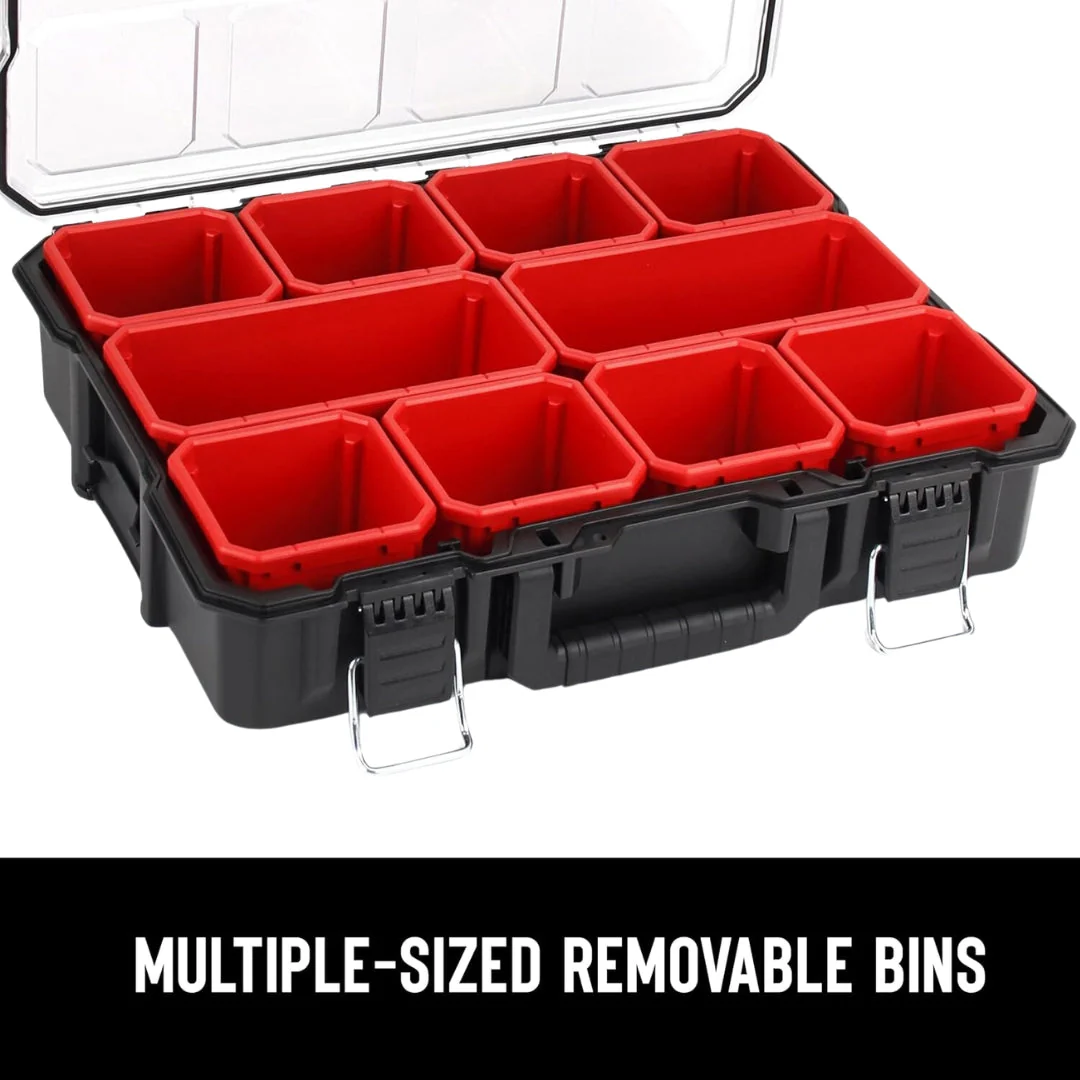 JPT Deep Tool Organizer Box with 10 Removable Bins, Heavy-Duty Storage Case with Transparent Lid for Tools, Hardware, Screws, Nuts, and Small items - Image 4