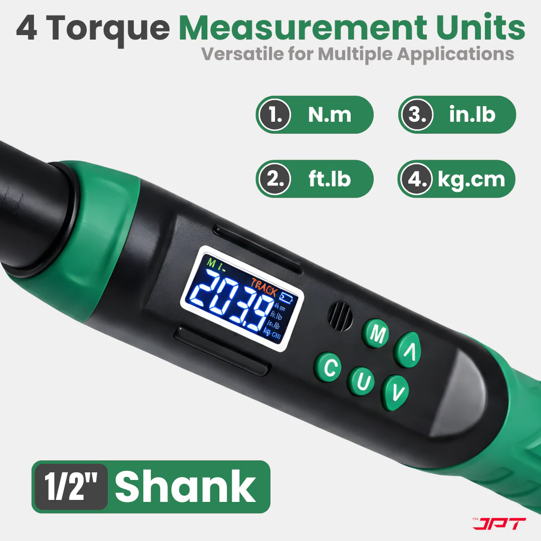 JPT Digital Torque Wrench 1/2" Drive | 10–200 N·M Torque Range | High-Accuracy Electronic Torque Wrench with LED & Buzzer Alert | Peak & Track Mode | Multi-Unit Display - Image 3