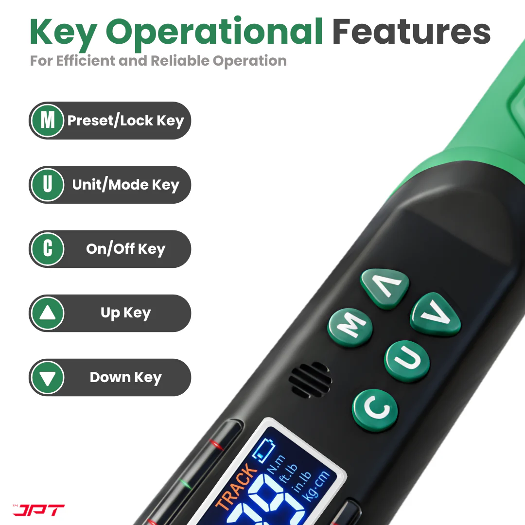 JPT Digital Torque Wrench 1/2" Drive | 10–200 N·M Torque Range | High-Accuracy Electronic Torque Wrench with LED & Buzzer Alert | Peak & Track Mode | Multi-Unit Display - Image 6