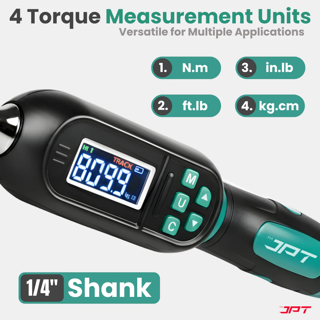 JPT Digital Torque Wrench 1/4" Drive | 1 – 20 N·M Torque Range | High-Accuracy Electronic Torque Wrench with LED & Buzzer Alert | Peak & Track Mode | Multi-Unit Display - Image 3