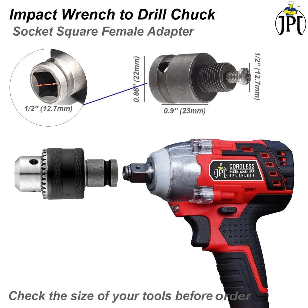 JPT Heavy Duty 13mm Drill Chuck with Key and 1/2-Inch Socket Square Female Adapter for Air Impact Wrench And Cordless Impact Wrench Converter Conversion Tool - Image 4