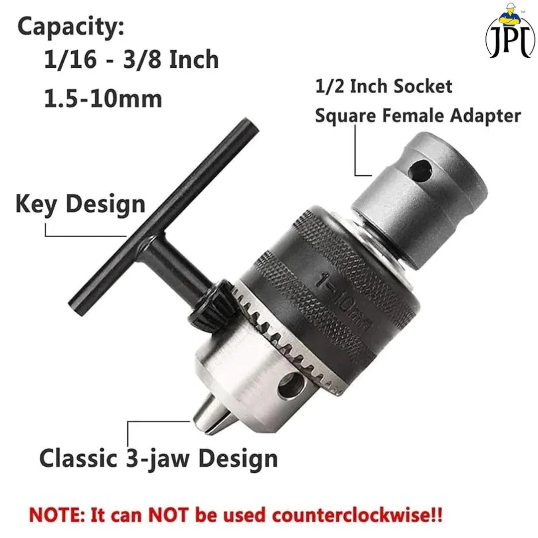 JPT Heavy Duty 13mm Drill Chuck with Key and 1/2-Inch Socket Square Female Adapter for Air Impact Wrench And Cordless Impact Wrench Converter Conversion Tool - Image 7