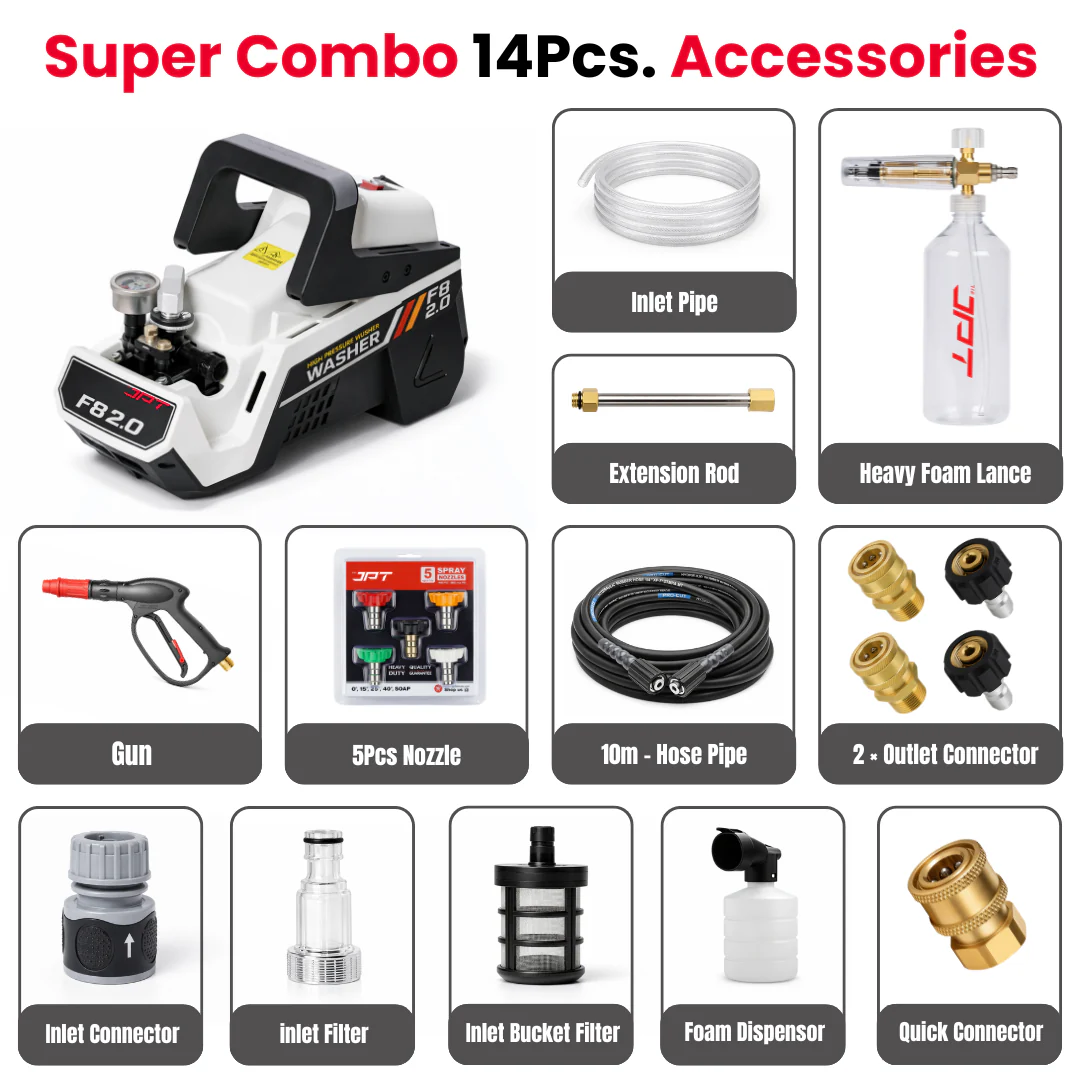 JPT F8 2.0 Super Combo 3500 PSI Electric Pressure Washer – 2500W 100% Copper Motor, 10 L/min High Flow, Portable Car & Home Power Washer with Total Stop System & 14-Piece Accessory Kit - Image 8