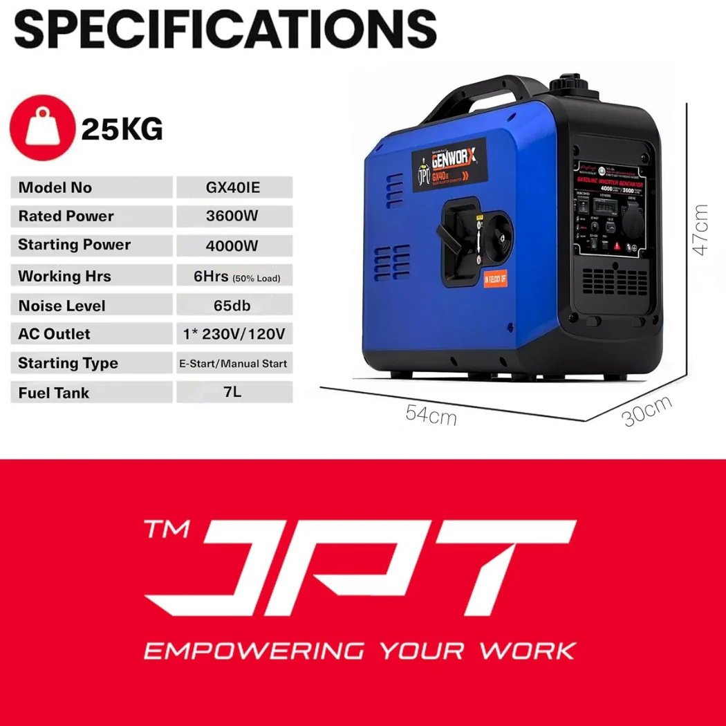 JPT GENWORX 4000W Inverter Generator, 3600W Rated, Portable Petrol Generator, Pure Sine Wave for Camping, RV, Outdoor, and Emergency Backup Power - Image 7