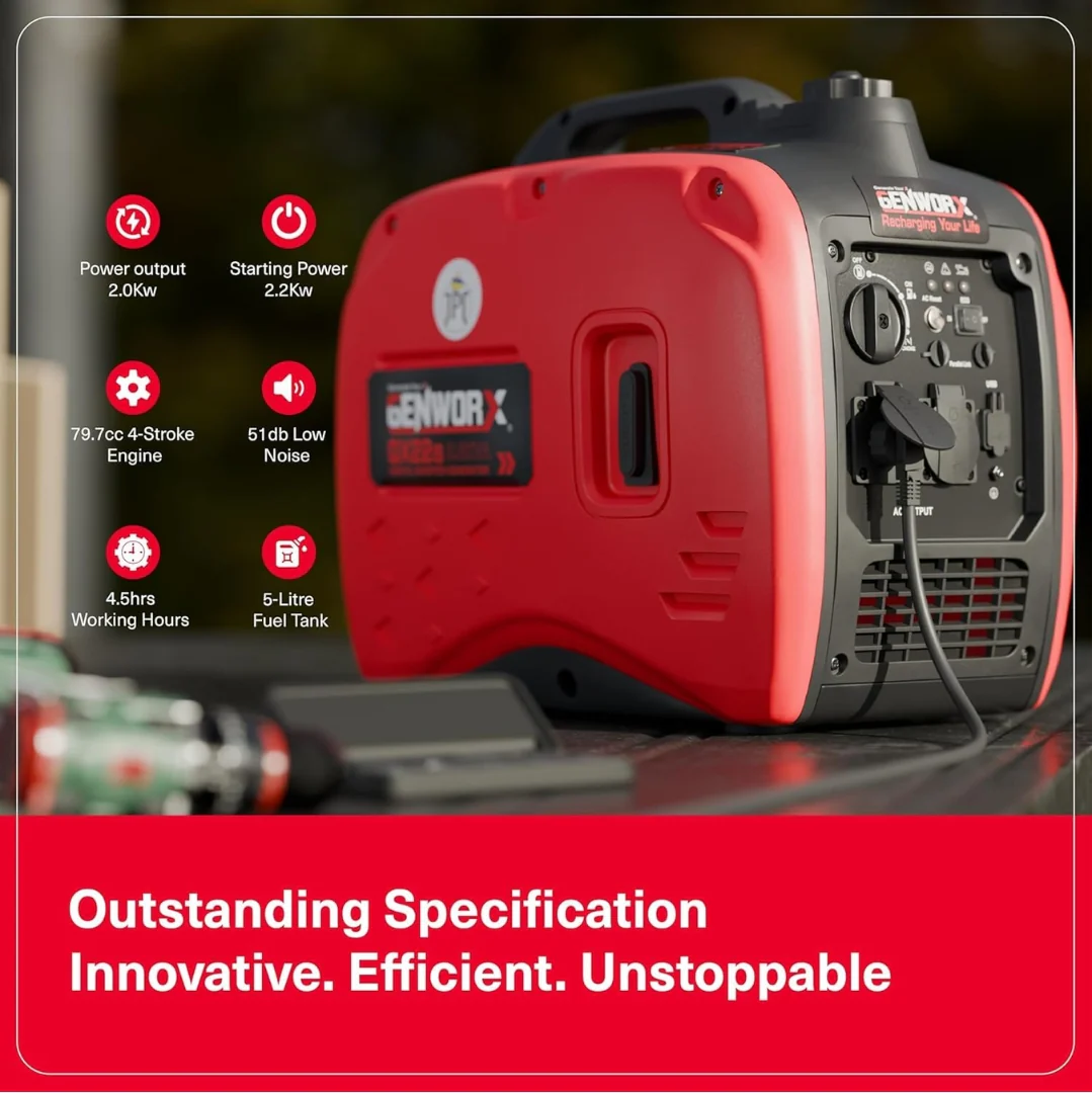 JPT Genworx GX24iS Petrol Electric Generator | 79.7cc 4-stroke Ohv | 2200 Peak Watts Power | 5L Fuel Tank | 4 Hours Running at Quarter-Load | 2.2kW Electric Generator for Home and Outdoor - Image 4