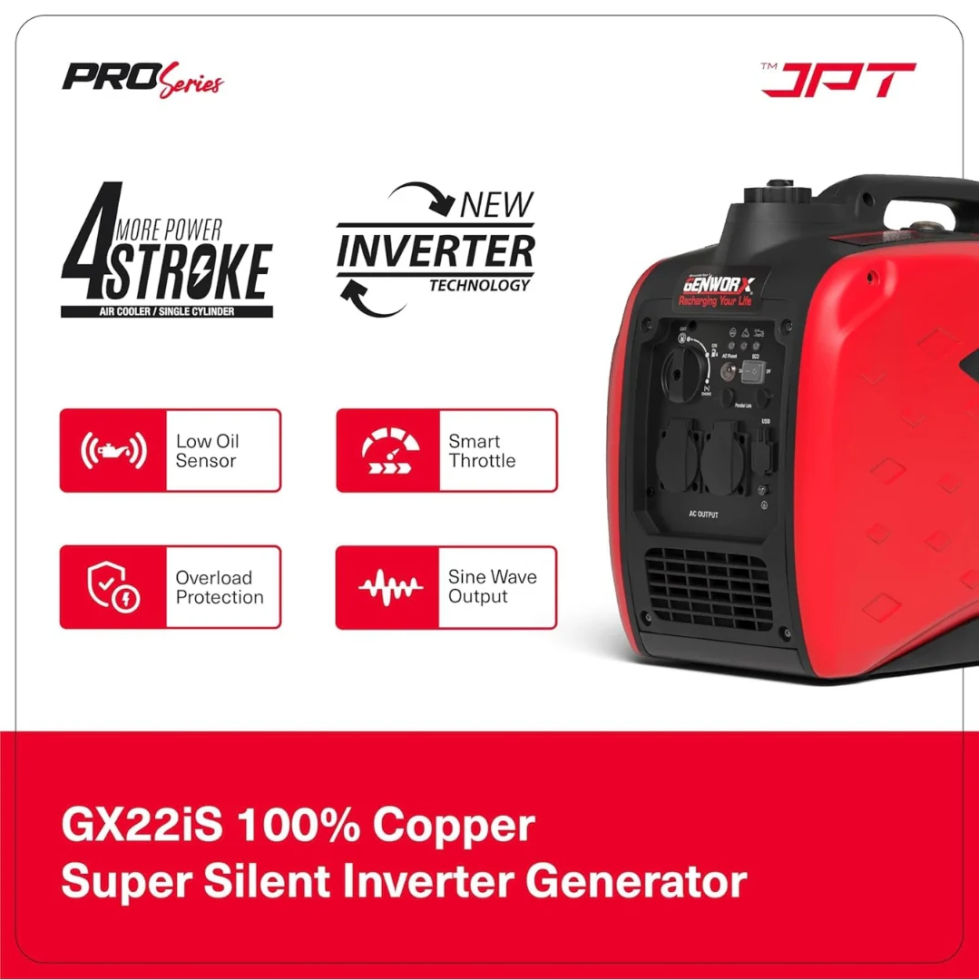 JPT Genworx GX24iS Petrol Electric Generator | 79.7cc 4-stroke Ohv | 2200 Peak Watts Power | 5L Fuel Tank | 4 Hours Running at Quarter-Load | 2.2kW Electric Generator for Home and Outdoor - Image 5