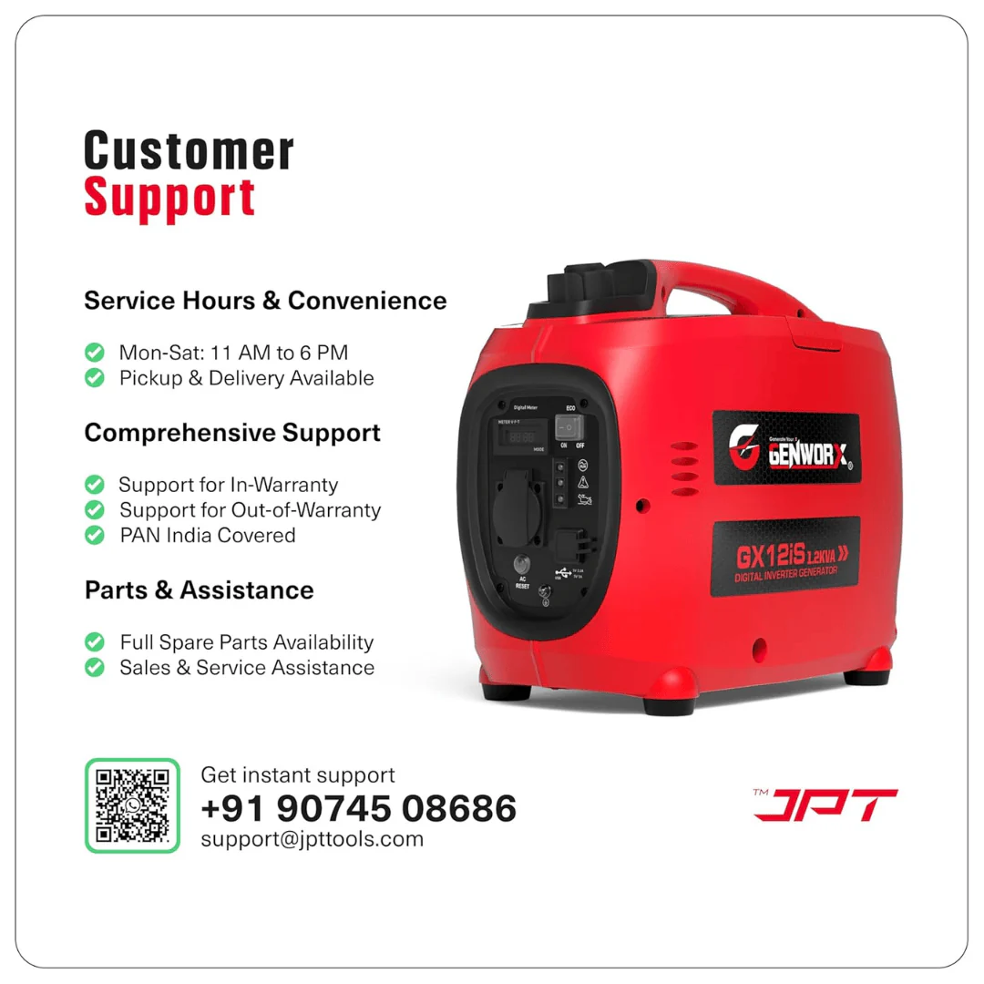 JPT GX12iS 1.2kVA Portable Electric Generator | Silent 48dB, 53.2cc 4-Stroke Engine, 3L Fuel Tank, 4.2 Hrs Runtime | Compact Manual Start Backup Power for Camping, Outdoor & Home Use - Image 3