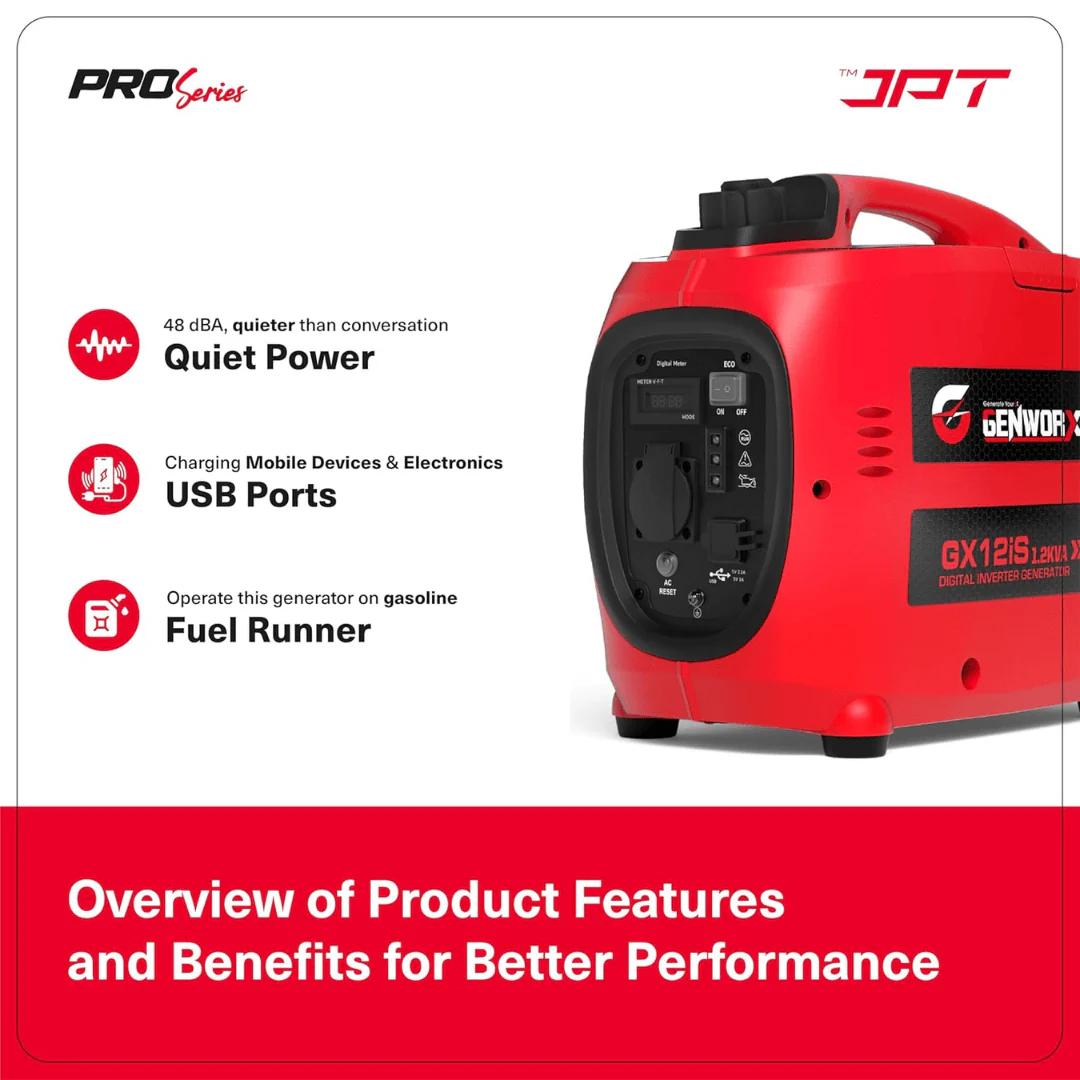 JPT GX12iS 1.2kVA Portable Electric Generator | Silent 48dB, 53.2cc 4-Stroke Engine, 3L Fuel Tank, 4.2 Hrs Runtime | Compact Manual Start Backup Power for Camping, Outdoor & Home Use - Image 7