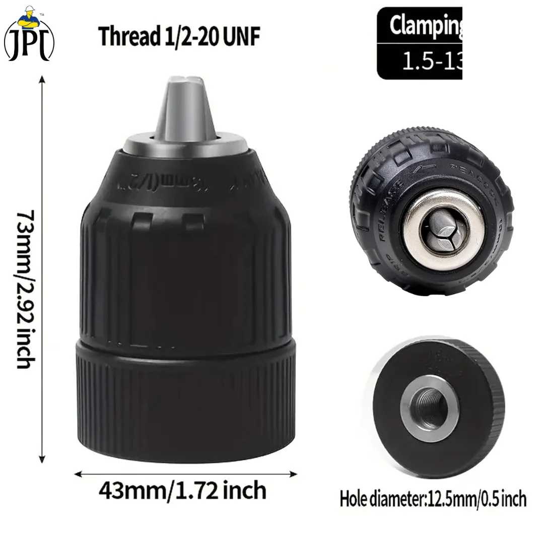 JPT Heavy Duty 13MM Keyless Chuck Mount 1/2-20UNF For Reverse Forward Cordless & Electric Drill/Screwdriver Machine (Not For Angle Grinders) - Image 4