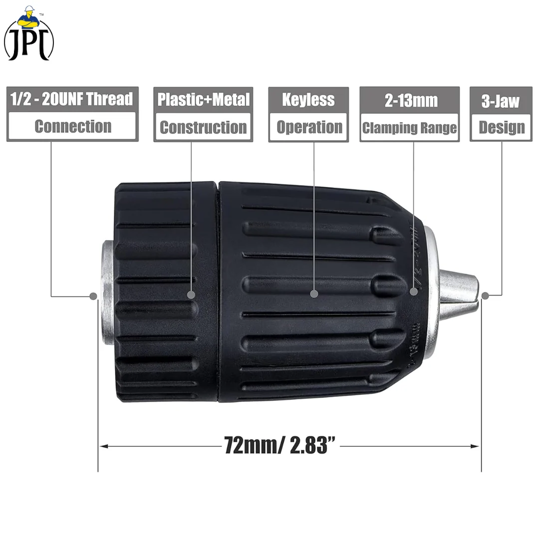 JPT Heavy Duty 13MM Keyless Chuck Mount 1/2-20UNF For Reverse Forward Cordless & Electric Drill/Screwdriver Machine (Not For Angle Grinders) - Image 5