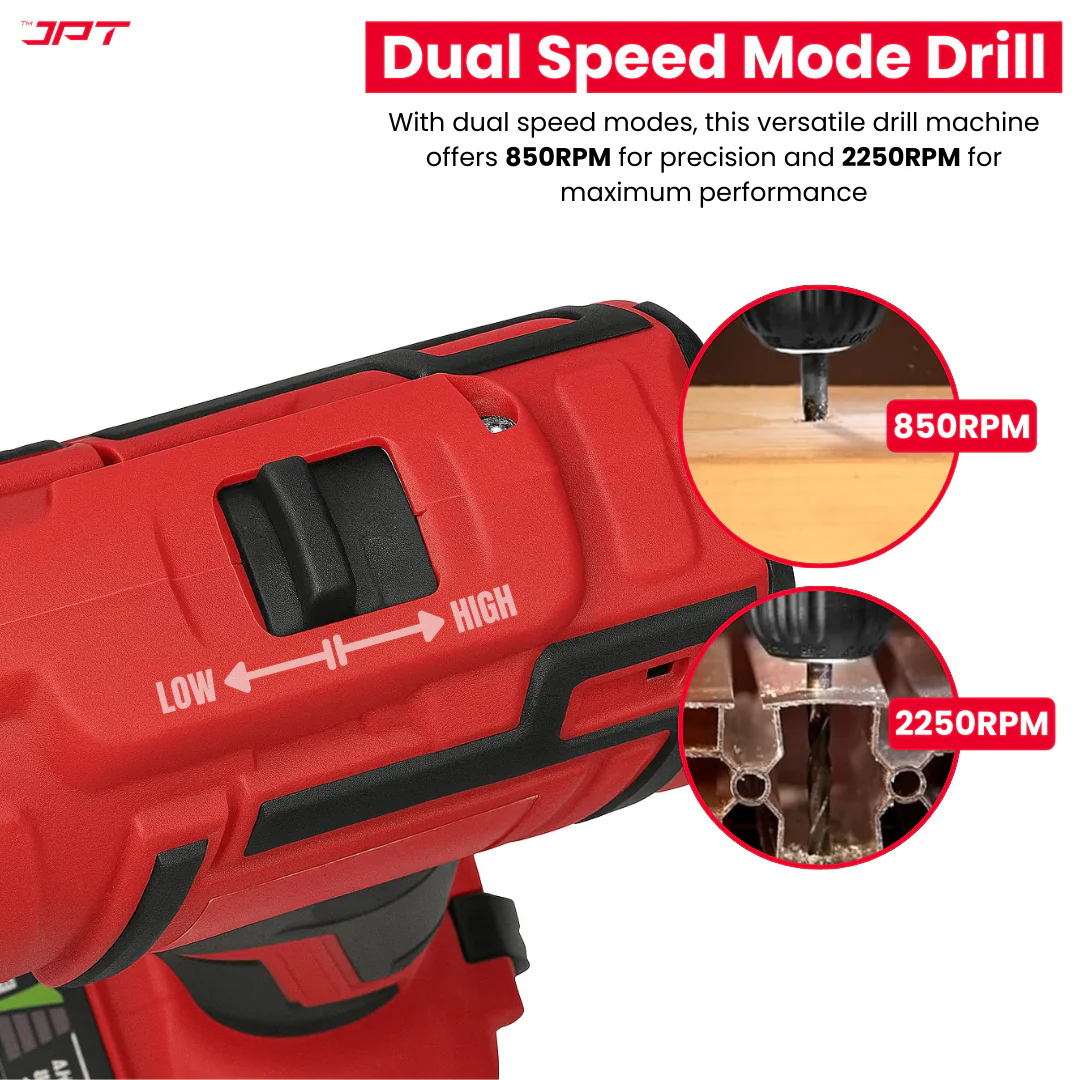 JPT Heavy-Duty 21V Cordless Impact Drill Machine | Brushless Motor | 85N.M Torque | 2250RPM Speed | 10mm Chuck | 25+3 Torque Settings | Dual Speed (Low & High) | Forward/Reverse Function | Li-ion Battery - Image 4