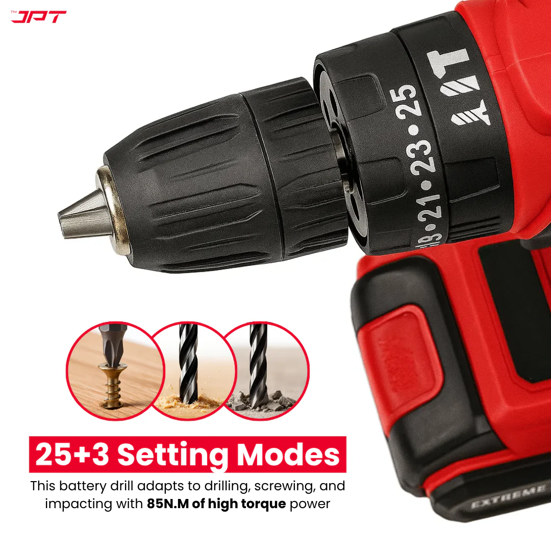 JPT Heavy-Duty 21V Cordless Impact Drill Machine | Brushless Motor | 85N.M Torque | 2250RPM Speed | 10mm Chuck | 25+3 Torque Settings | Dual Speed (Low & High) | Forward/Reverse Function | Li-ion Battery - Image 5