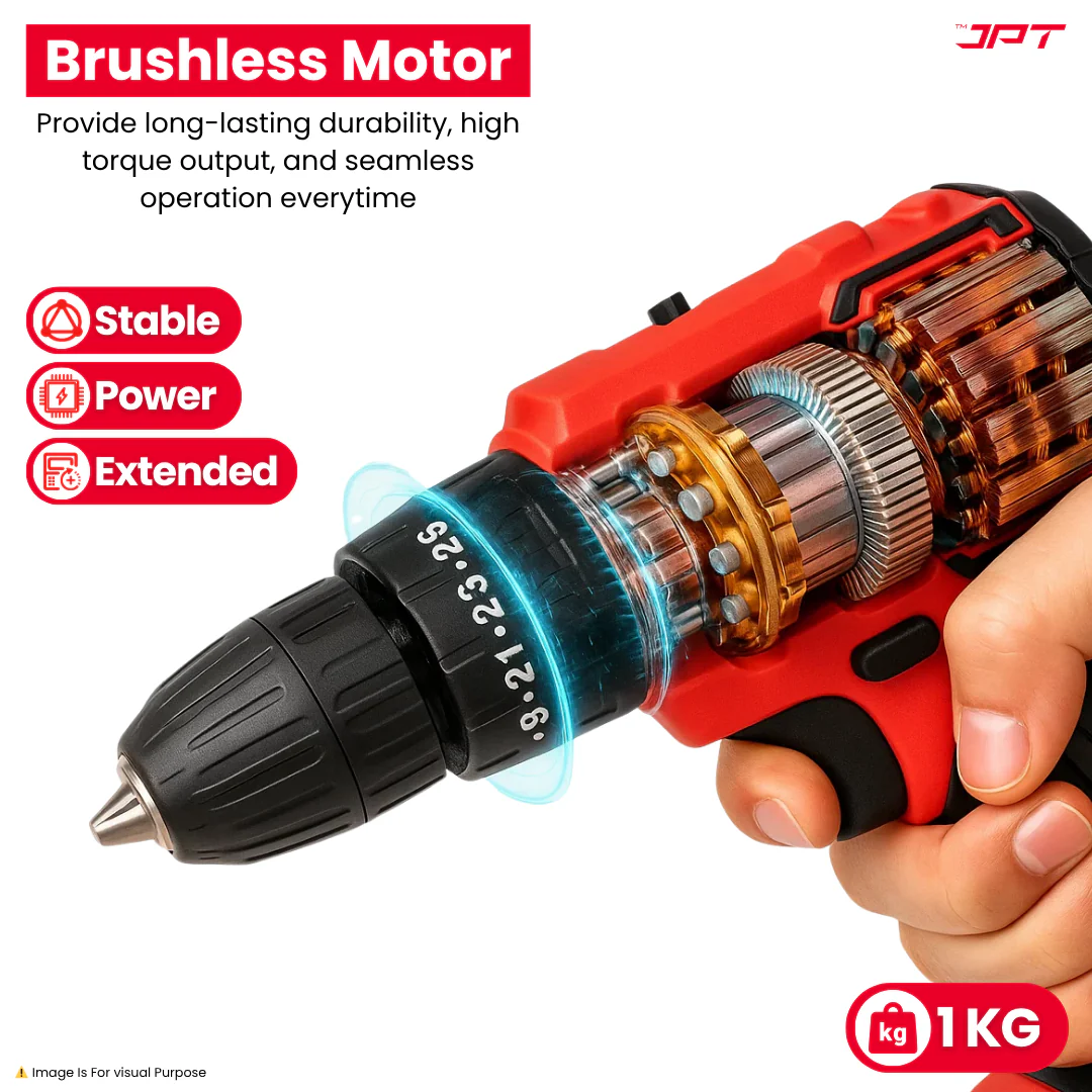 JPT Heavy-Duty 21V Cordless Impact Drill Machine | Brushless Motor | 85N.M Torque | 2250RPM Speed | 10mm Chuck | 25+3 Torque Settings | Dual Speed (Low & High) | Forward/Reverse Function | Li-ion Battery - Image 6