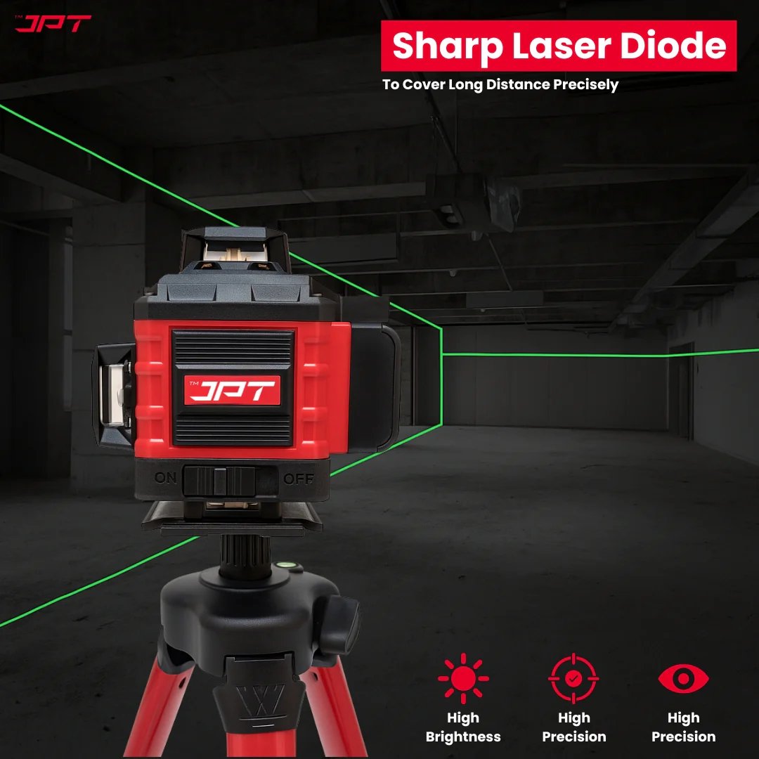 JPT Heavy-Duty 4D 16x Laser Level Machine | 4 x 360° Green Cross Line Laser Level | Adjustable Brightness & Remote Control | 4D Vertical/ Horizontal Line for Construction, Renovation, Floor Tiling, ETC - Image 4