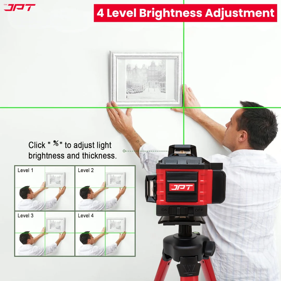 JPT Heavy-Duty 4D 16x Laser Level Machine | 4 x 360° Green Cross Line Laser Level | Adjustable Brightness & Remote Control | 4D Vertical/ Horizontal Line for Construction, Renovation, Floor Tiling, ETC - Image 6