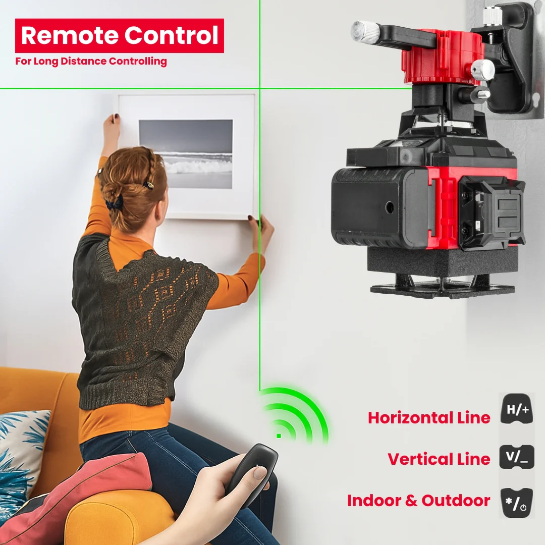 JPT Heavy-Duty 4D 16x Laser Level Machine | 4 x 360° Green Cross Line Laser Level | Adjustable Brightness & Remote Control | 4D Vertical/ Horizontal Line for Construction, Renovation, Floor Tiling, ETC - Image 7
