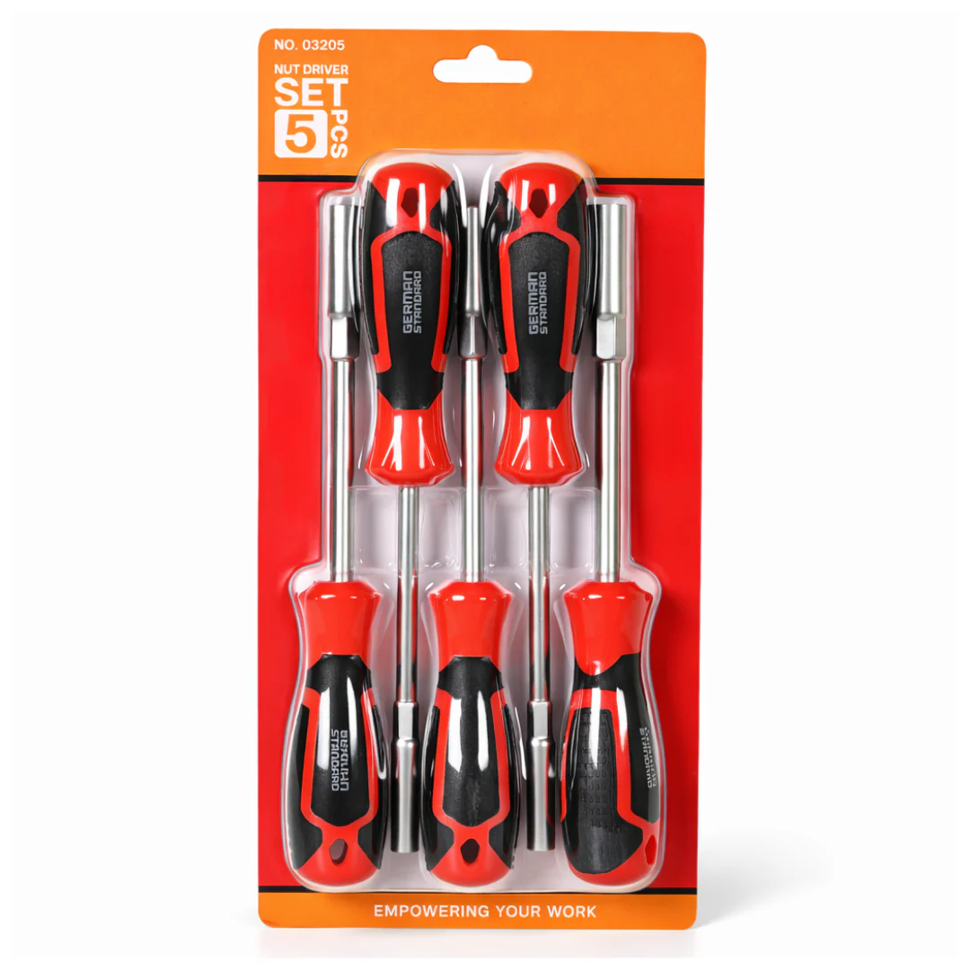 JPT Nut Driver Set 5 PCS Heavy Duty CR-V Hex Nut Driver Kit with Magnetic Tips & Hollow Shaft | 5–10mm Hand Nut Driver Set for Electrical, Automotive & Industrial Use