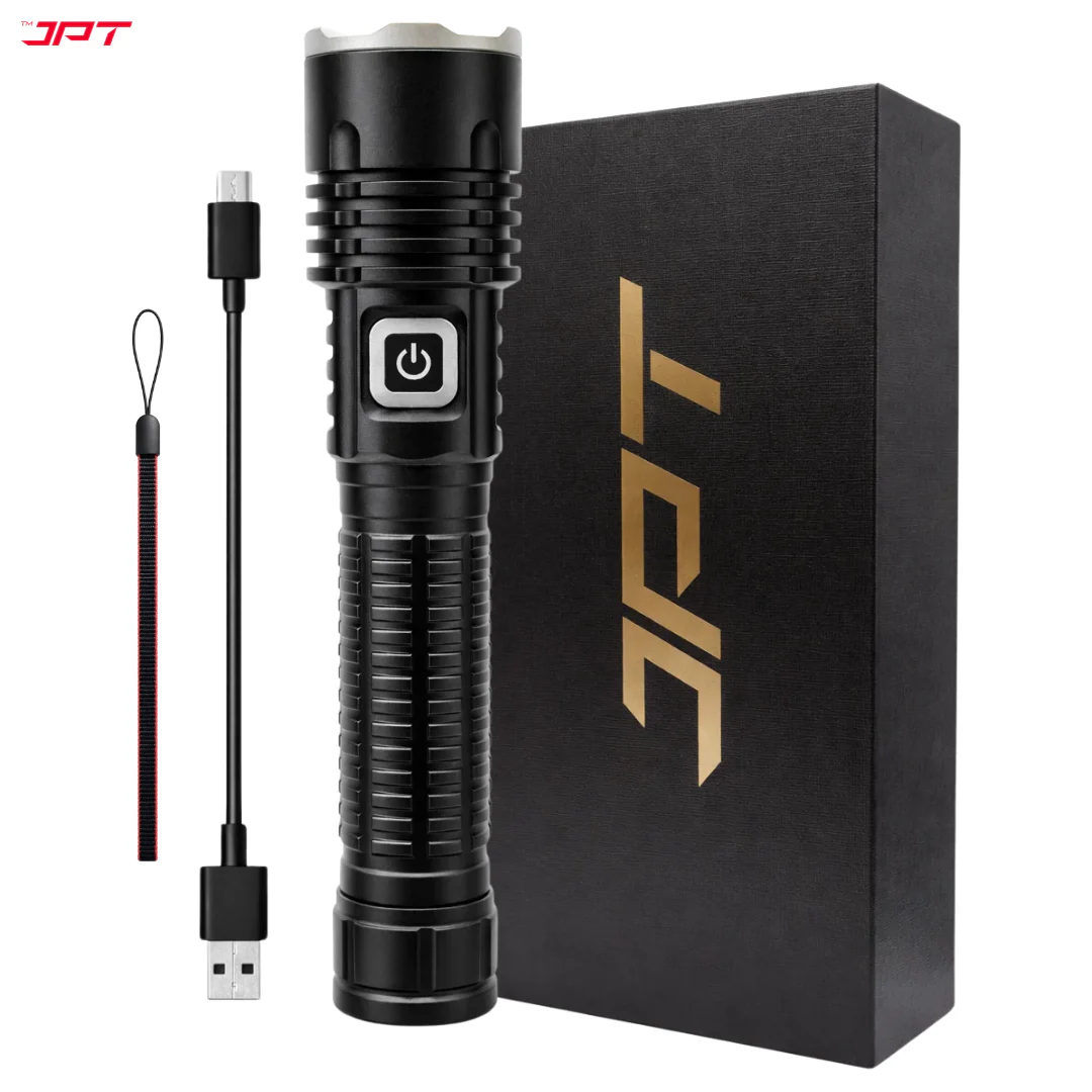 JPT Heavy-Duty K16 Rechargable Portable Super LED Flashlight/Search Light | Full Aluminium Body | 3 Lightning Modes | Telescopic Zoom | 4800mAh Li-ion 4Hrs Backup | for Trekking, Camping, Emergency