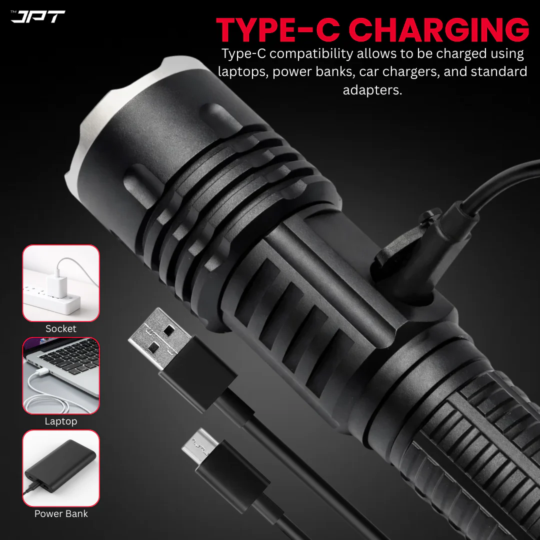 JPT Heavy-Duty K16 Rechargable Portable Super LED Flashlight/Search Light | Full Aluminium Body | 3 Lightning Modes | Telescopic Zoom | 4800mAh Li-ion 4Hrs Backup | for Trekking, Camping, Emergency - Image 2