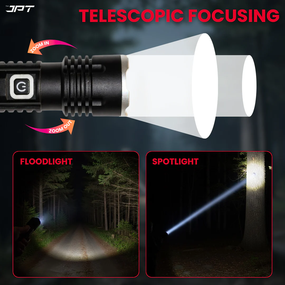JPT Heavy-Duty K16 Rechargable Portable Super LED Flashlight/Search Light | Full Aluminium Body | 3 Lightning Modes | Telescopic Zoom | 4800mAh Li-ion 4Hrs Backup | for Trekking, Camping, Emergency - Image 4