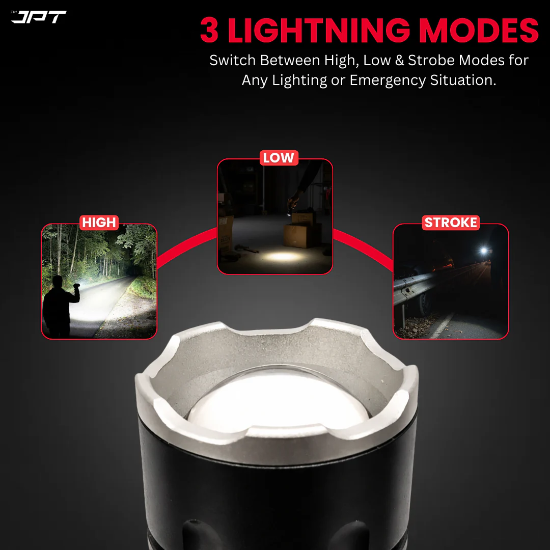 JPT Heavy-Duty K16 Rechargable Portable Super LED Flashlight/Search Light | Full Aluminium Body | 3 Lightning Modes | Telescopic Zoom | 4800mAh Li-ion 4Hrs Backup | for Trekking, Camping, Emergency - Image 5