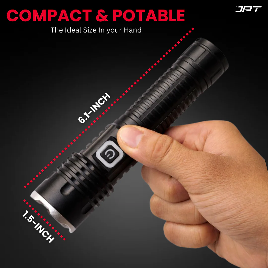 JPT Heavy-Duty K16 Rechargable Portable Super LED Flashlight/Search Light | Full Aluminium Body | 3 Lightning Modes | Telescopic Zoom | 4800mAh Li-ion 4Hrs Backup | for Trekking, Camping, Emergency - Image 7