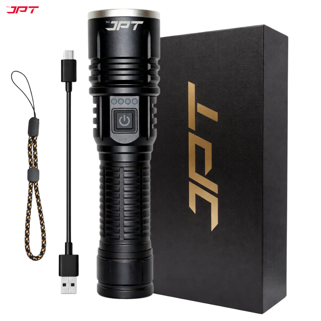 JPT Heavy-Duty K17 LED Flashlight | 3 Lightning Modes | Telescopic Zoom | Power Bank Function | Rechargeable USB Tactical | 5800mAh Battery | Portable Torch for Trekking, Hunting, Emergency