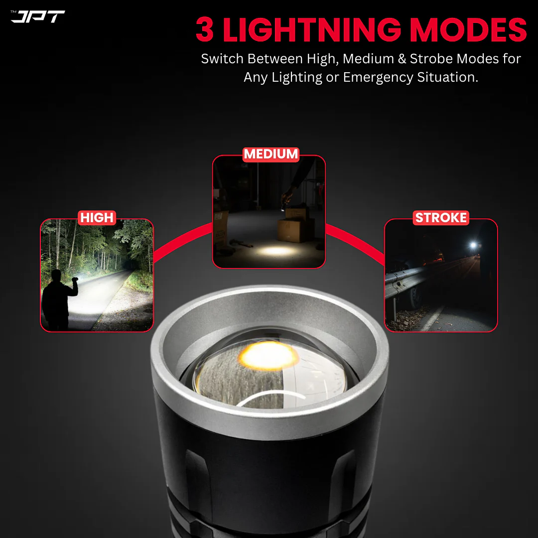 JPT Heavy-Duty K17 LED Flashlight | 3 Lightning Modes | Telescopic Zoom | Power Bank Function | Rechargeable USB Tactical | 5800mAh Battery | Portable Torch for Trekking, Hunting, Emergency - Image 2