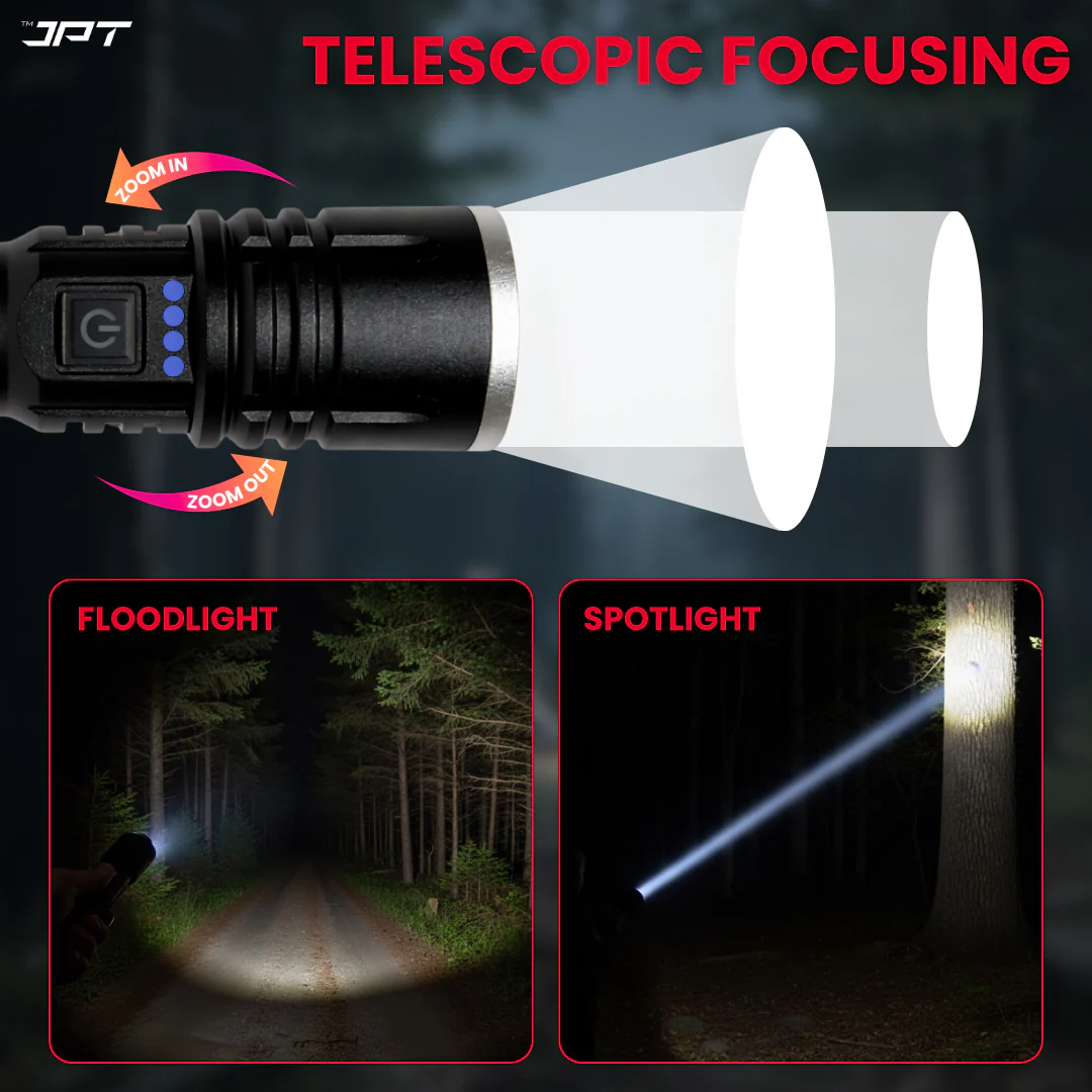 JPT Heavy-Duty K17 LED Flashlight | 3 Lightning Modes | Telescopic Zoom | Power Bank Function | Rechargeable USB Tactical | 5800mAh Battery | Portable Torch for Trekking, Hunting, Emergency - Image 4