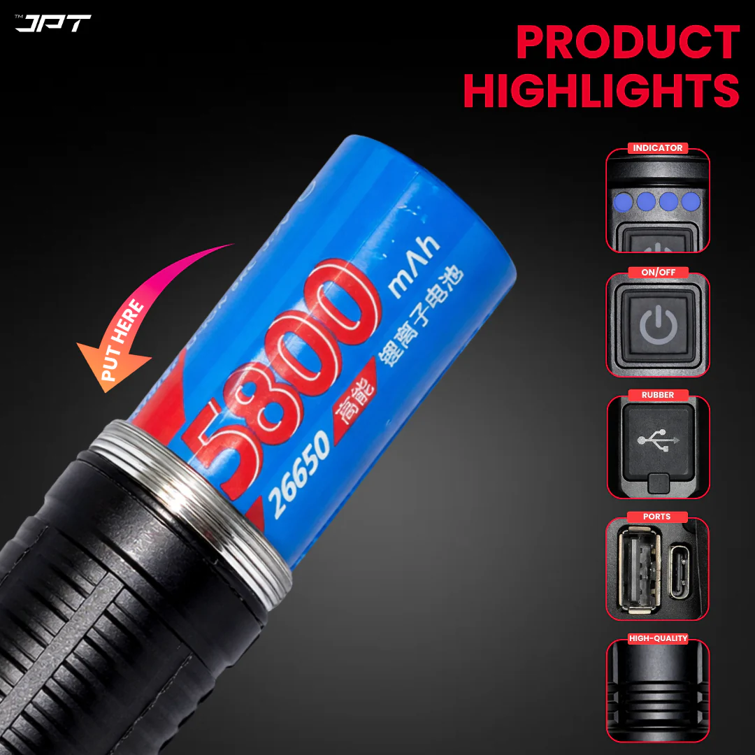 JPT Heavy-Duty K17 LED Flashlight | 3 Lightning Modes | Telescopic Zoom | Power Bank Function | Rechargeable USB Tactical | 5800mAh Battery | Portable Torch for Trekking, Hunting, Emergency - Image 7