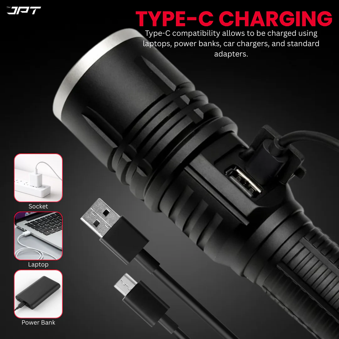 JPT Heavy-Duty K17 LED Flashlight | 3 Lightning Modes | Telescopic Zoom | Power Bank Function | Rechargeable USB Tactical | 5800mAh Battery | Portable Torch for Trekking, Hunting, Emergency - Image 8