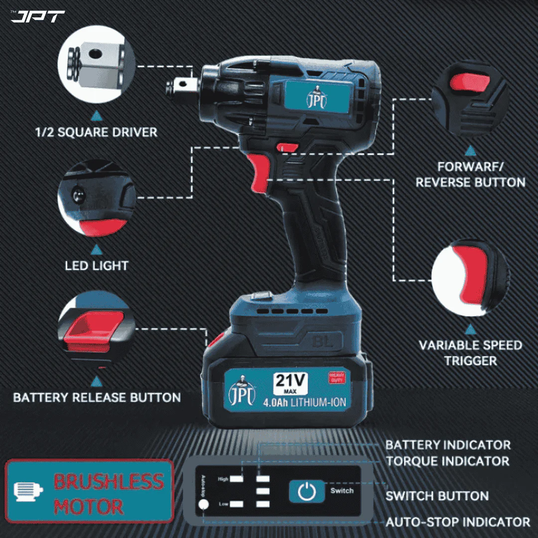 JPT 21V Monster Beastly Cordless Impact Wrench | Brushless Powerful Motor | 450N.M Torque | 2800RPM Speed | 1/2" Square Driver | 4.0Ah Li-Ion Battery | 6-Months Warranty - Image 6