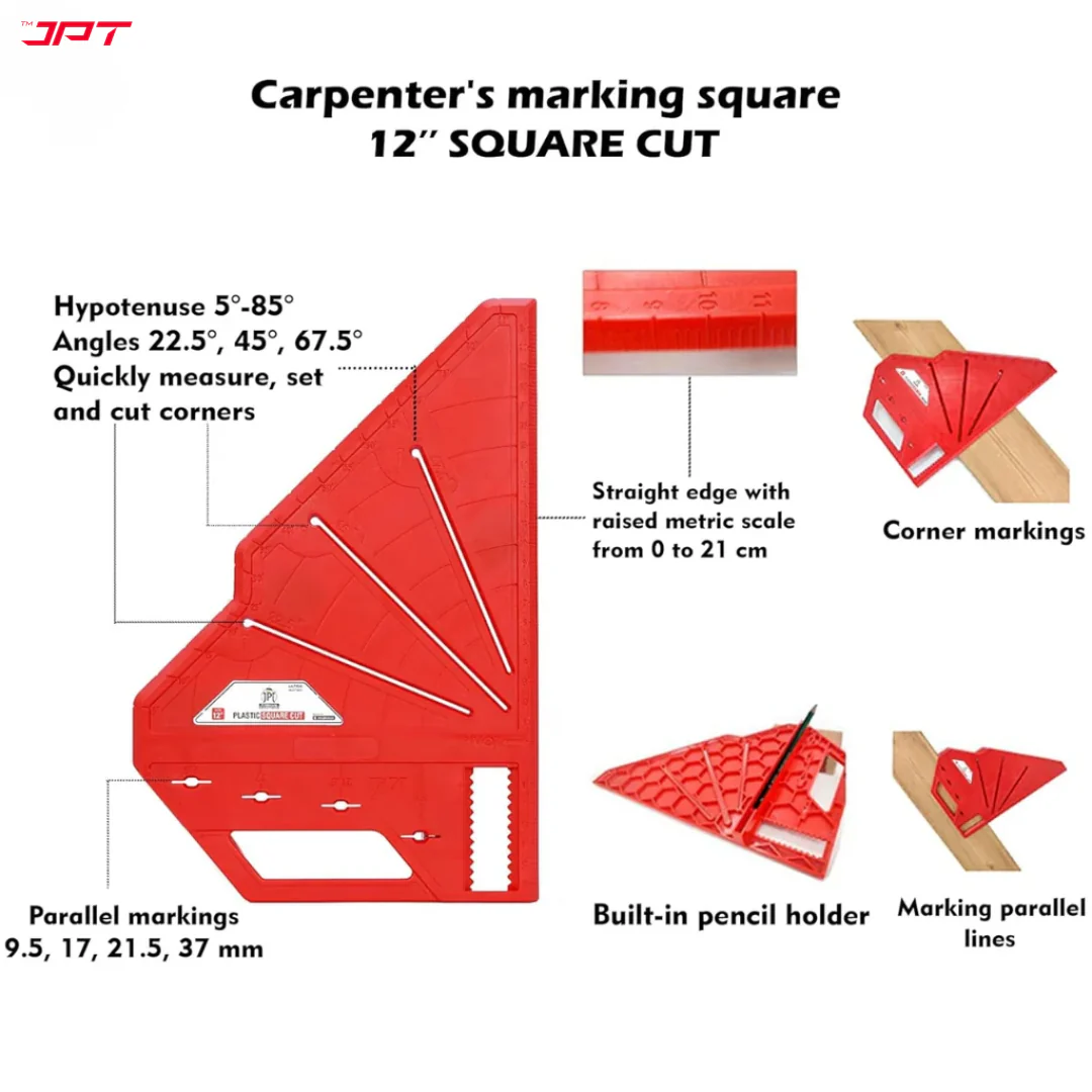 JPT 22.5°, 45°, 67.5° Multi-Angle Measuring Carpenter Square Marking Tool | ABS Plastic Build | High Precision Angle Guide | Built-in Pencil Holder | For Carpentry, Woodworking, Construction - Image 2