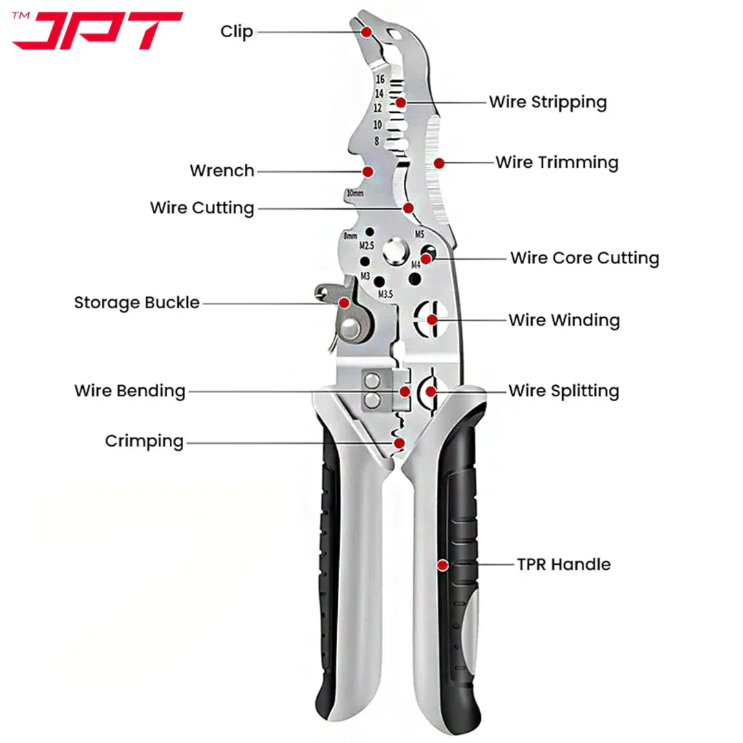 JPT Heavy-Duty Multi-Function Wire Stripper & Crimper Tool | Chrome Vanadium Steel Build | Ergonomic TPR Grip | Precision Electrical Wire Cutter & Terminal Crimping Tool - Image 5