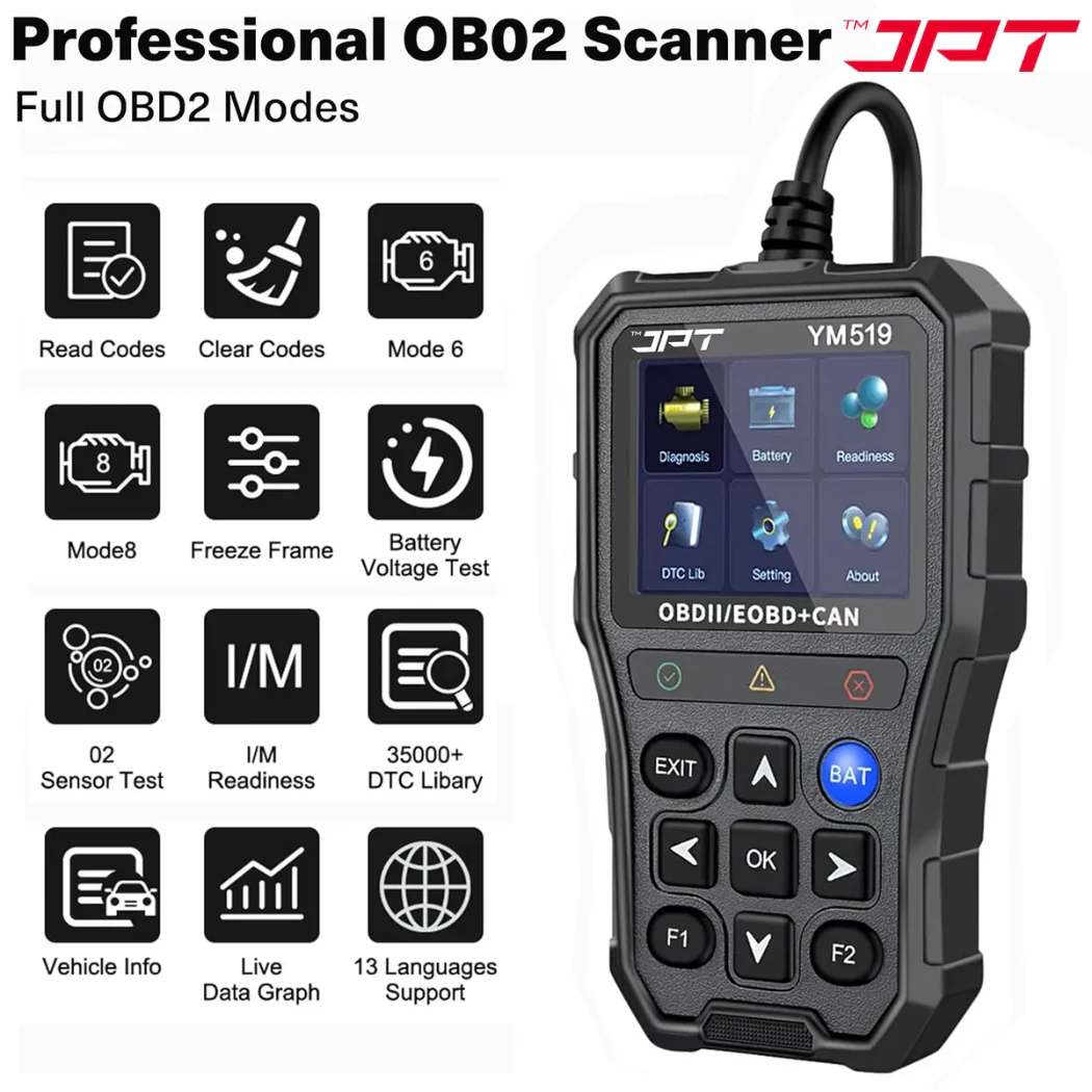 JPT OBD2 Scanner with Battery Tester – Universal Car Diagnostic Tool for Check Engine Light, Live Data, Emissions Readiness, Fault Code Reader, Plug & Play, Supports All OBDII Vehicles - Image 2