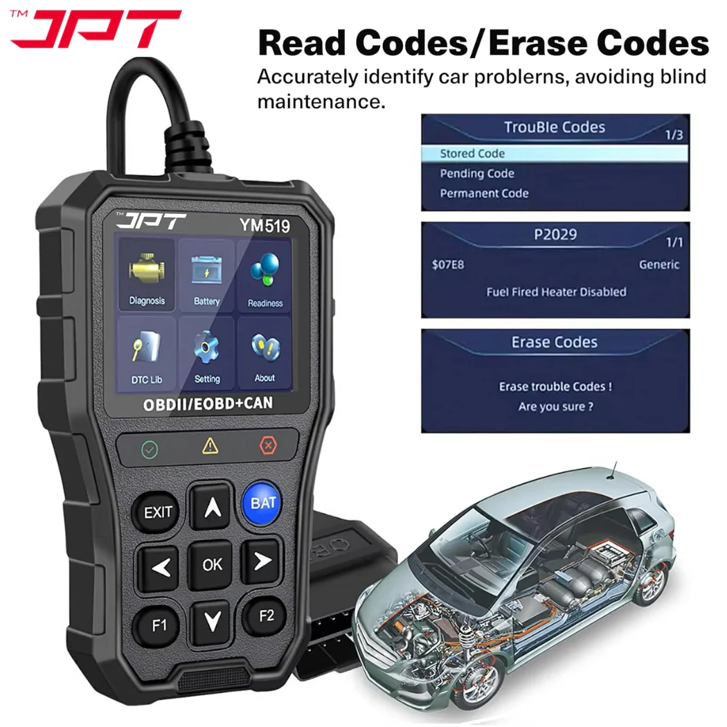 JPT OBD2 Scanner with Battery Tester – Universal Car Diagnostic Tool for Check Engine Light, Live Data, Emissions Readiness, Fault Code Reader, Plug & Play, Supports All OBDII Vehicles - Image 4
