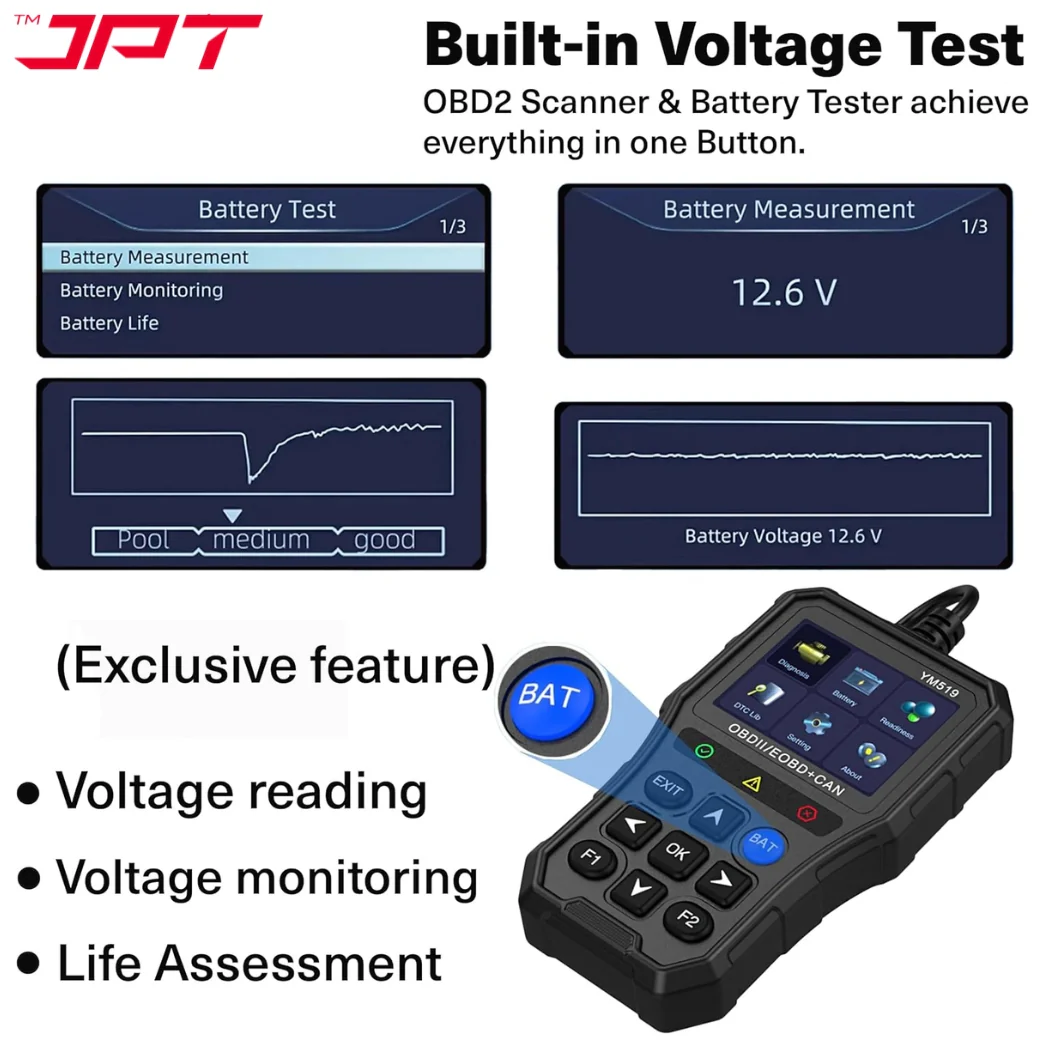 JPT OBD2 Scanner with Battery Tester – Universal Car Diagnostic Tool for Check Engine Light, Live Data, Emissions Readiness, Fault Code Reader, Plug & Play, Supports All OBDII Vehicles - Image 5