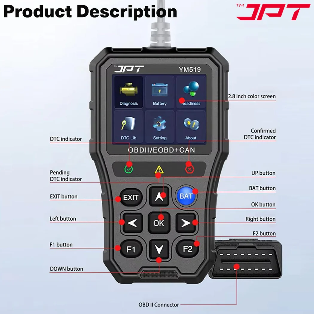JPT OBD2 Scanner with Battery Tester – Universal Car Diagnostic Tool for Check Engine Light, Live Data, Emissions Readiness, Fault Code Reader, Plug & Play, Supports All OBDII Vehicles - Image 6