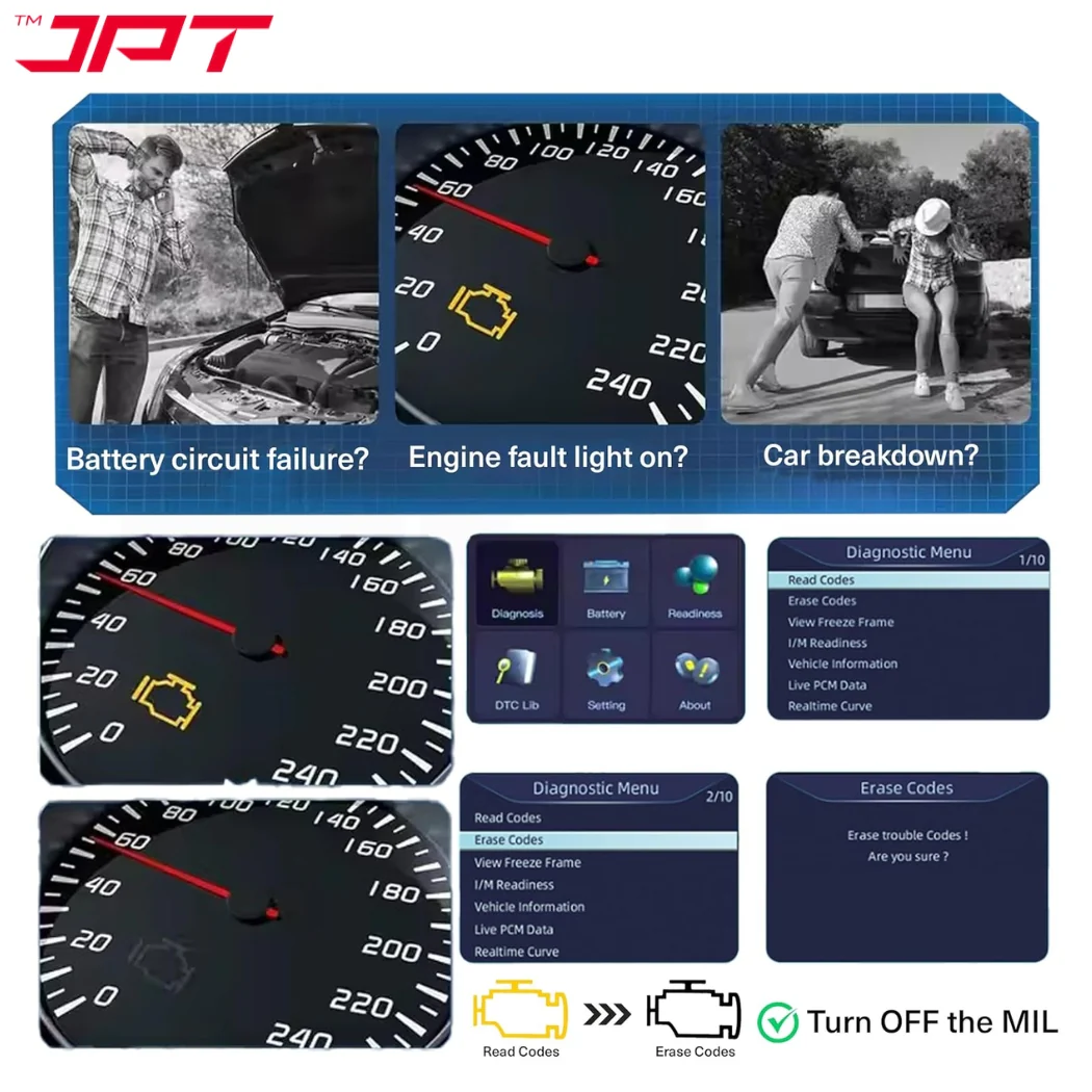 JPT OBD2 Scanner with Battery Tester – Universal Car Diagnostic Tool for Check Engine Light, Live Data, Emissions Readiness, Fault Code Reader, Plug & Play, Supports All OBDII Vehicles - Image 8