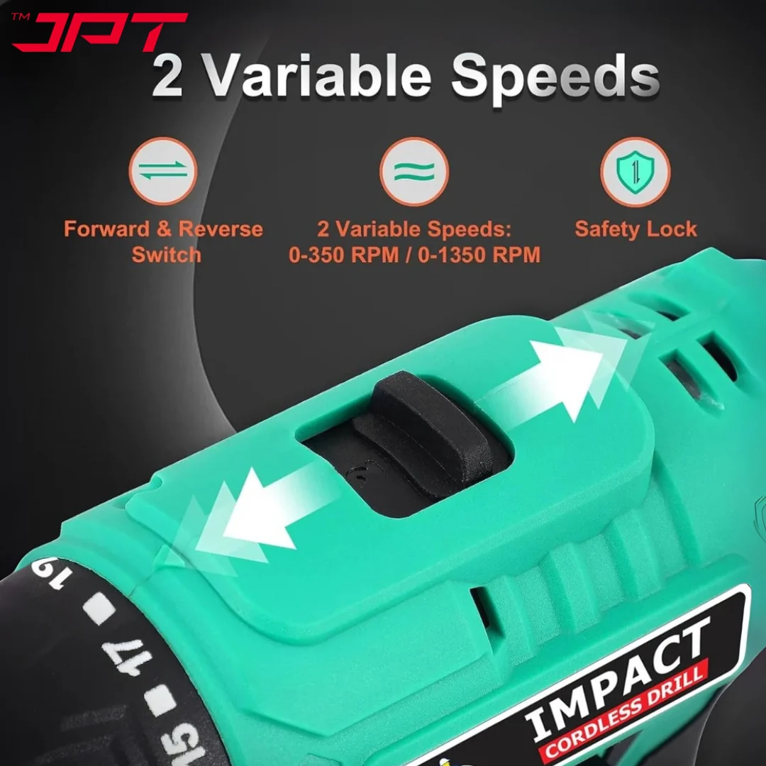 JPT 21v Portable Impact Cordless Drill Machine | 28N.M Torque | 1350RPM Speed | 2 Seed Mode | 3 Function Modes | 2000mAh Battery | 6-Months Warranty - Image 5